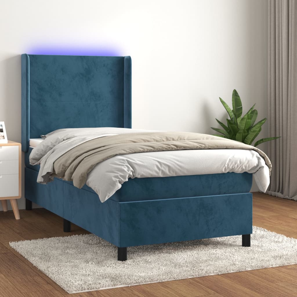 Cama box spring c/ colchão/LED 80x200 cm veludo azul-escuro