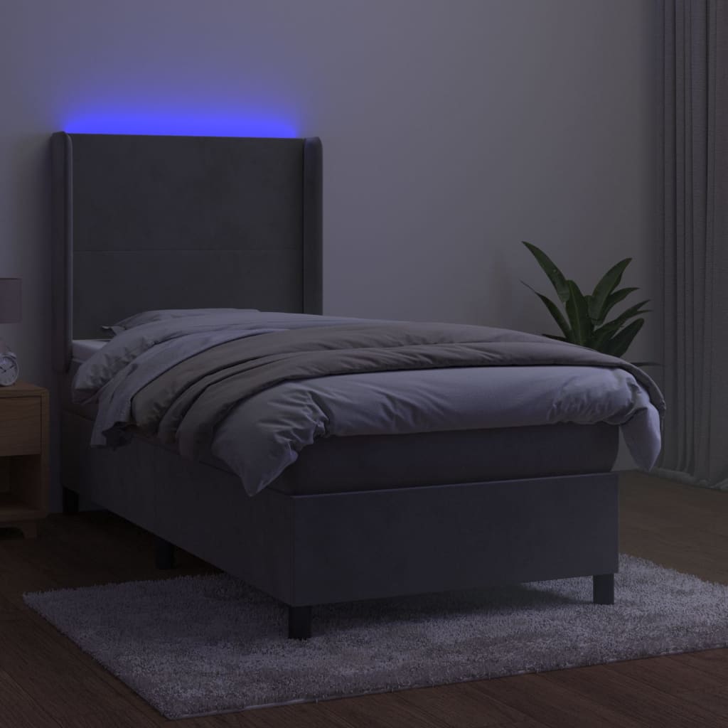 Cama box spring c/ colchão/LED 90x200 cm veludo cinzento-claro