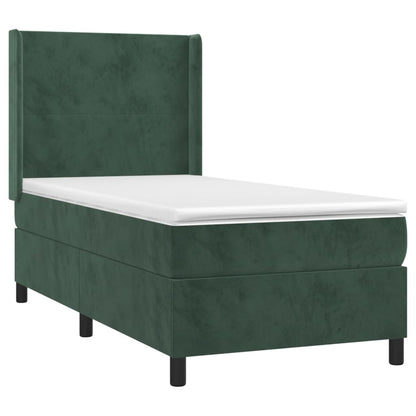 Cama box spring c/ colchão/LED 90x200 cm veludo verde-escuro