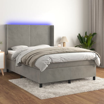 Cama box spring c/ colchão/LED 140x190 cm veludo cinzento