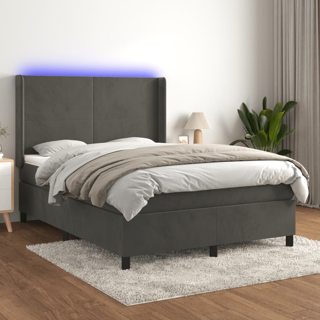 Cama box spring c/ colchão/LED 140x190cm veludo cinzento-escuro