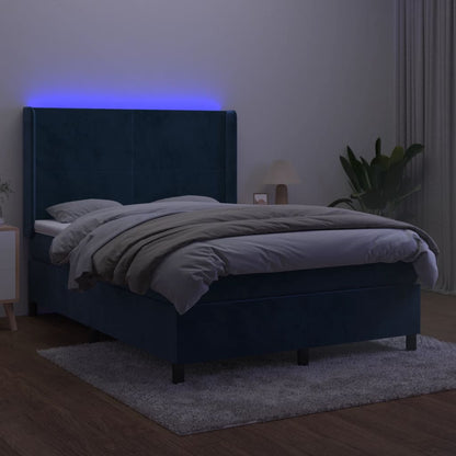 Cama box spring c/ colchão/LED 140x190 cm veludo azul-escuro