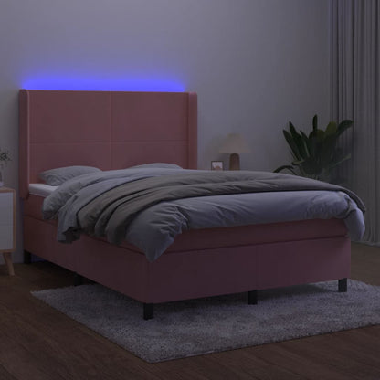 Cama box spring c/ colchão/LED 140x190 cm veludo rosa