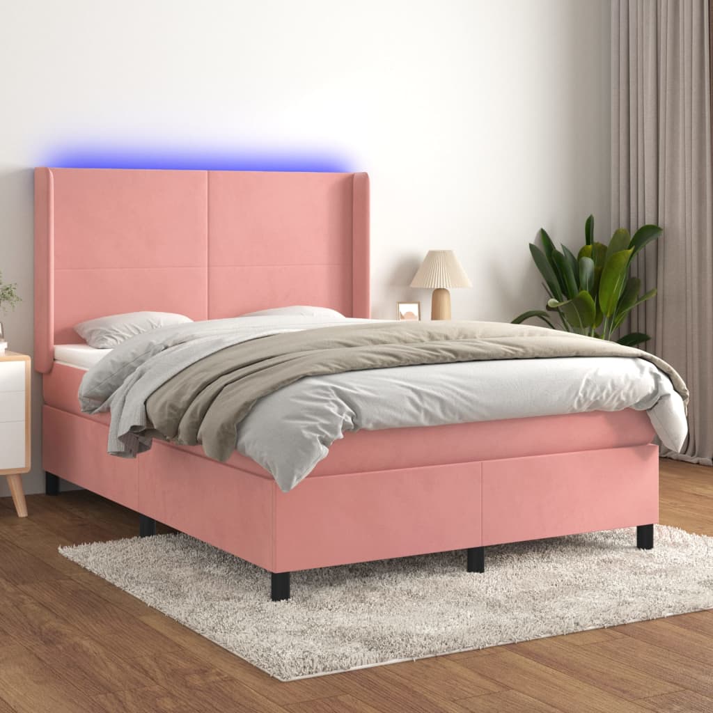 Cama box spring c/ colchão/LED 140x200 cm veludo rosa