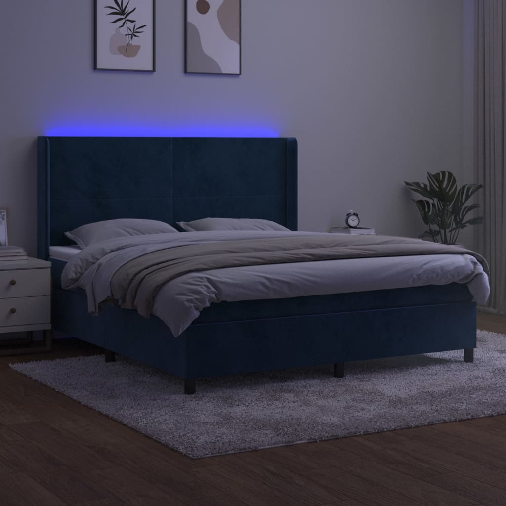 Cama box spring c/ colchão/LED 160x200 cm veludo azul-escuro