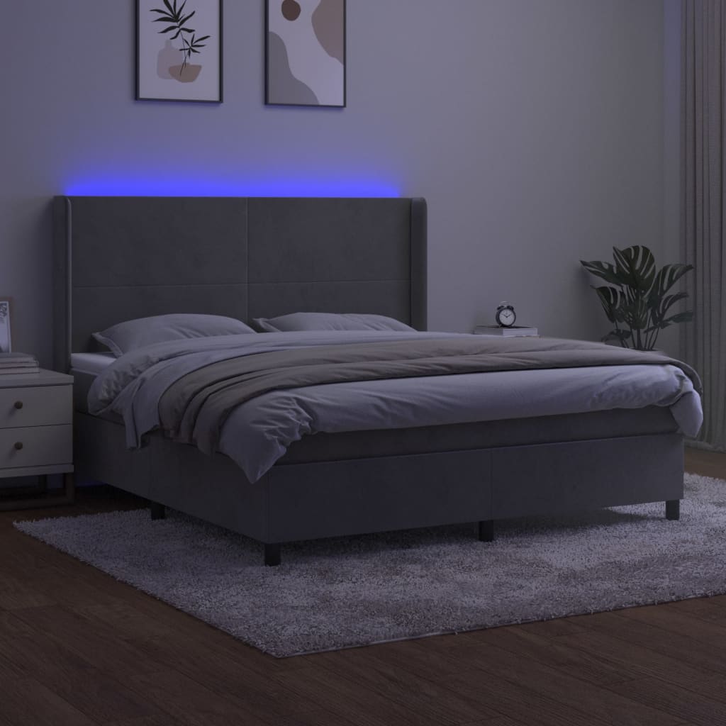 Cama box spring c/ colchão/LED 180x200 cm veludo cinzento-claro