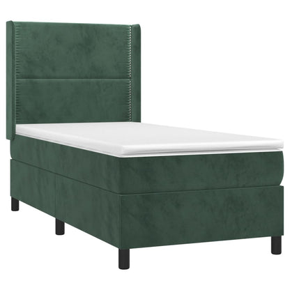 Cama box spring c/ colchão/LED 80x200 cm veludo verde-escuro