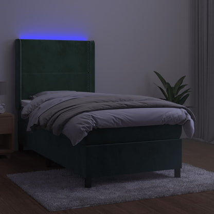 Cama box spring c/ colchão/LED 90x190 cm veludo verde-escuro