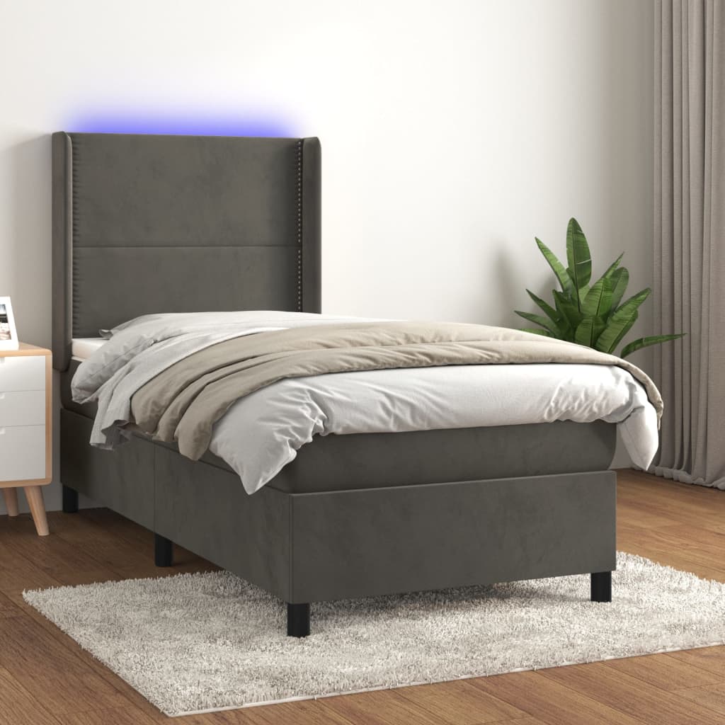 Cama box spring c/ colchão/LED 90x200 cm veludo cinzento-escuro