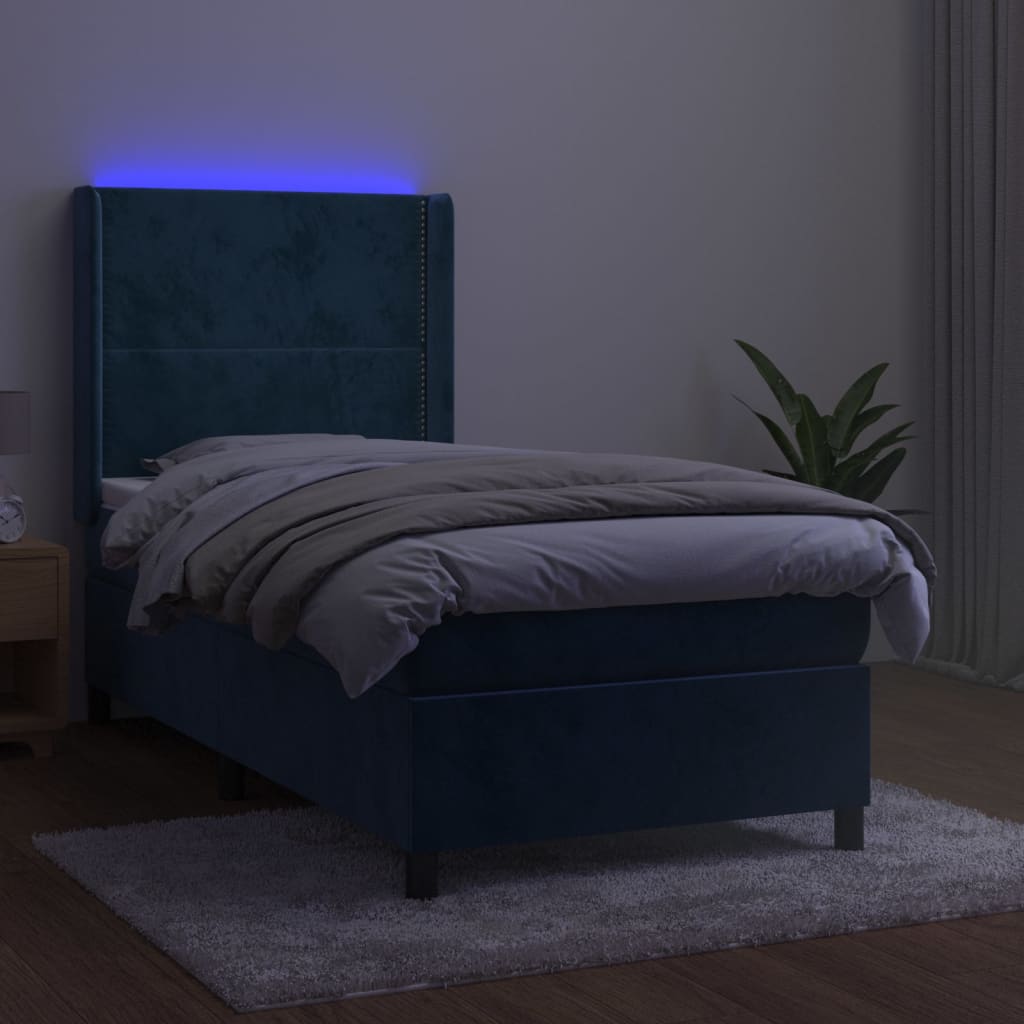 Cama box spring c/ colchão/LED 90x200 cm veludo azul-escuro