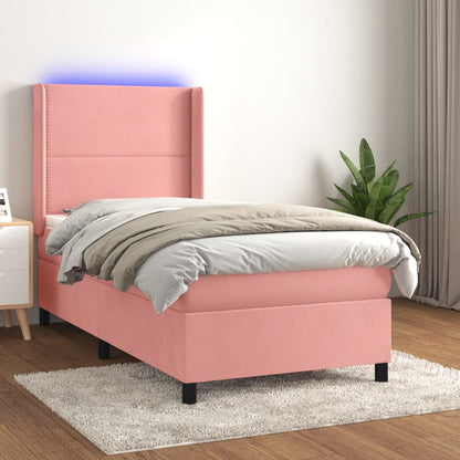 Cama box spring c/ colchão/LED 100x200 cm veludo rosa