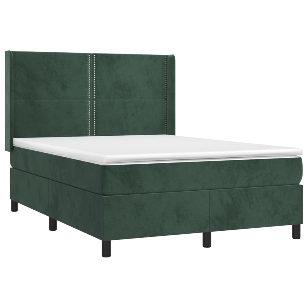 Cama box spring c/ colchão/LED 140x190 cm veludo verde-escuro