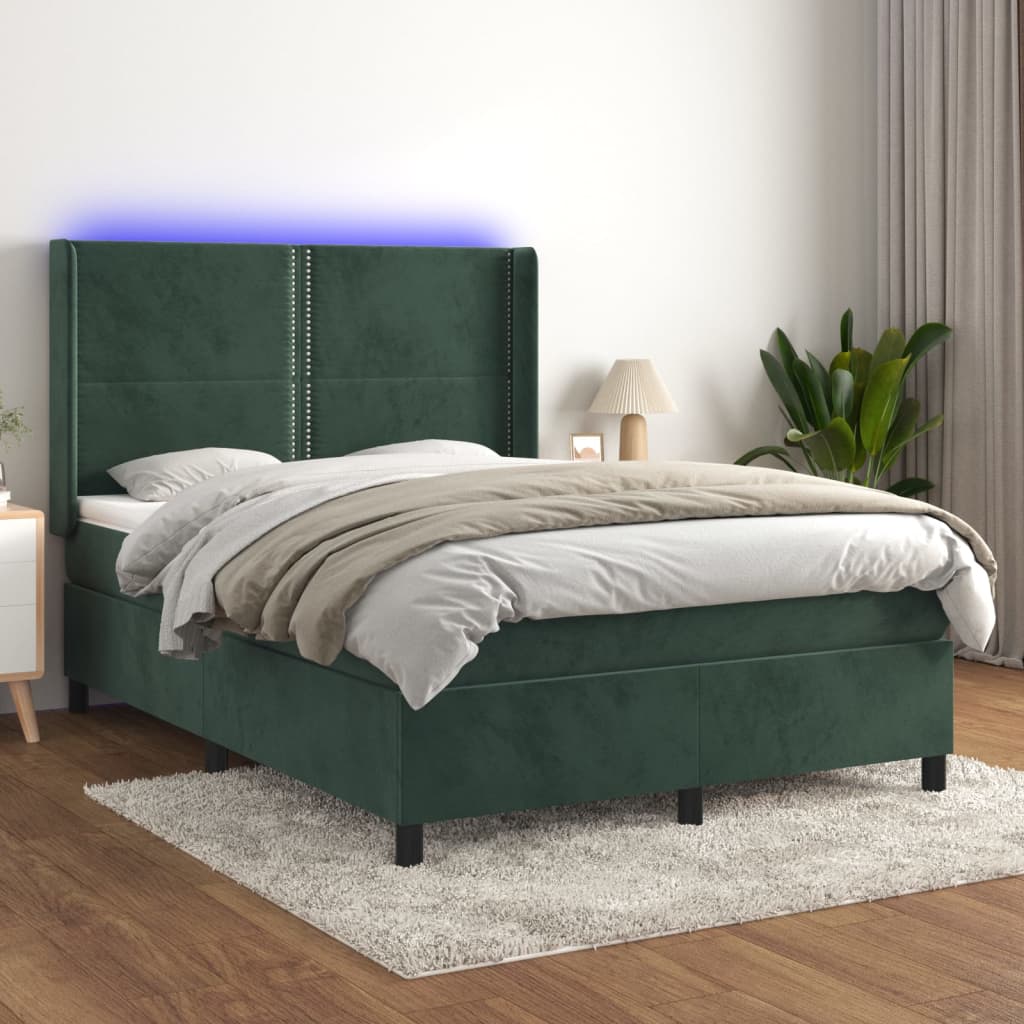 Cama box spring c/ colchão/LED 140x190 cm veludo verde-escuro