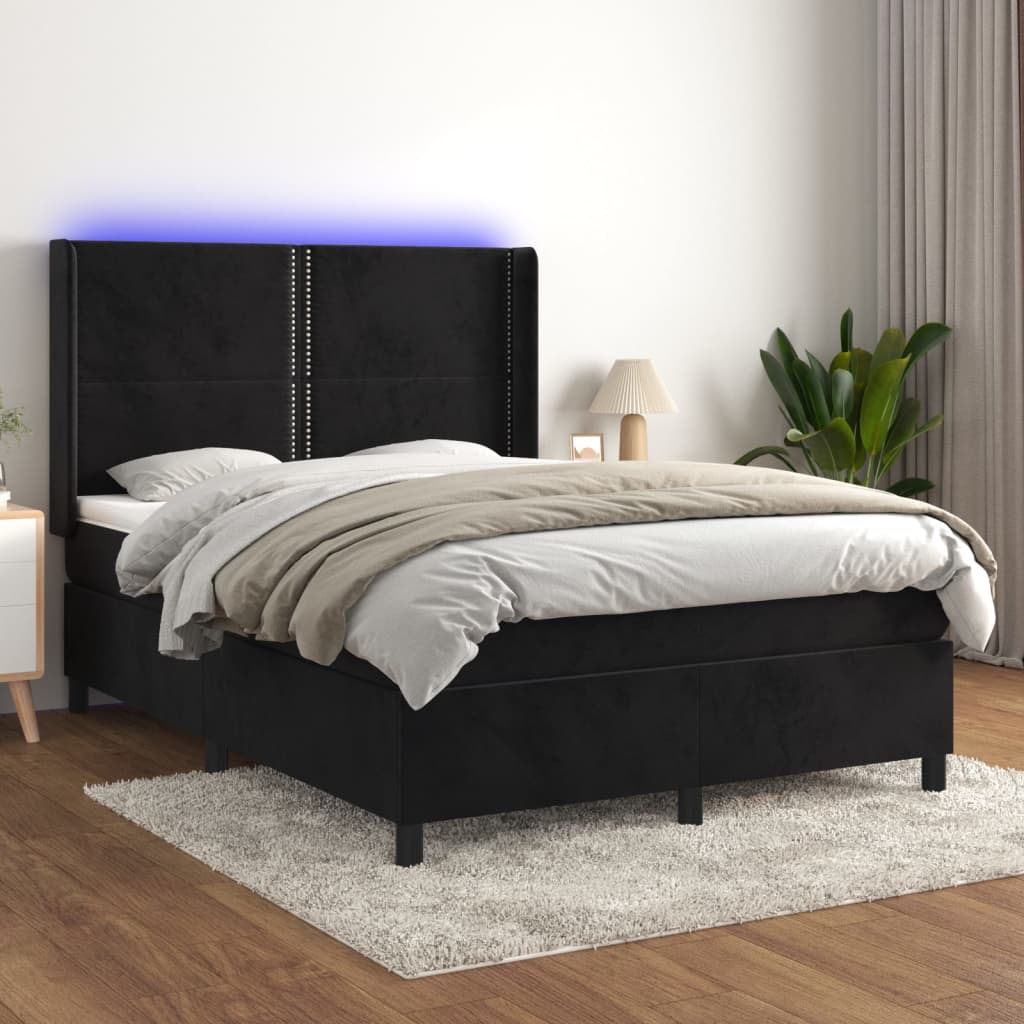 Cama box spring c/ colchão/LED 140x200 cm veludo preto