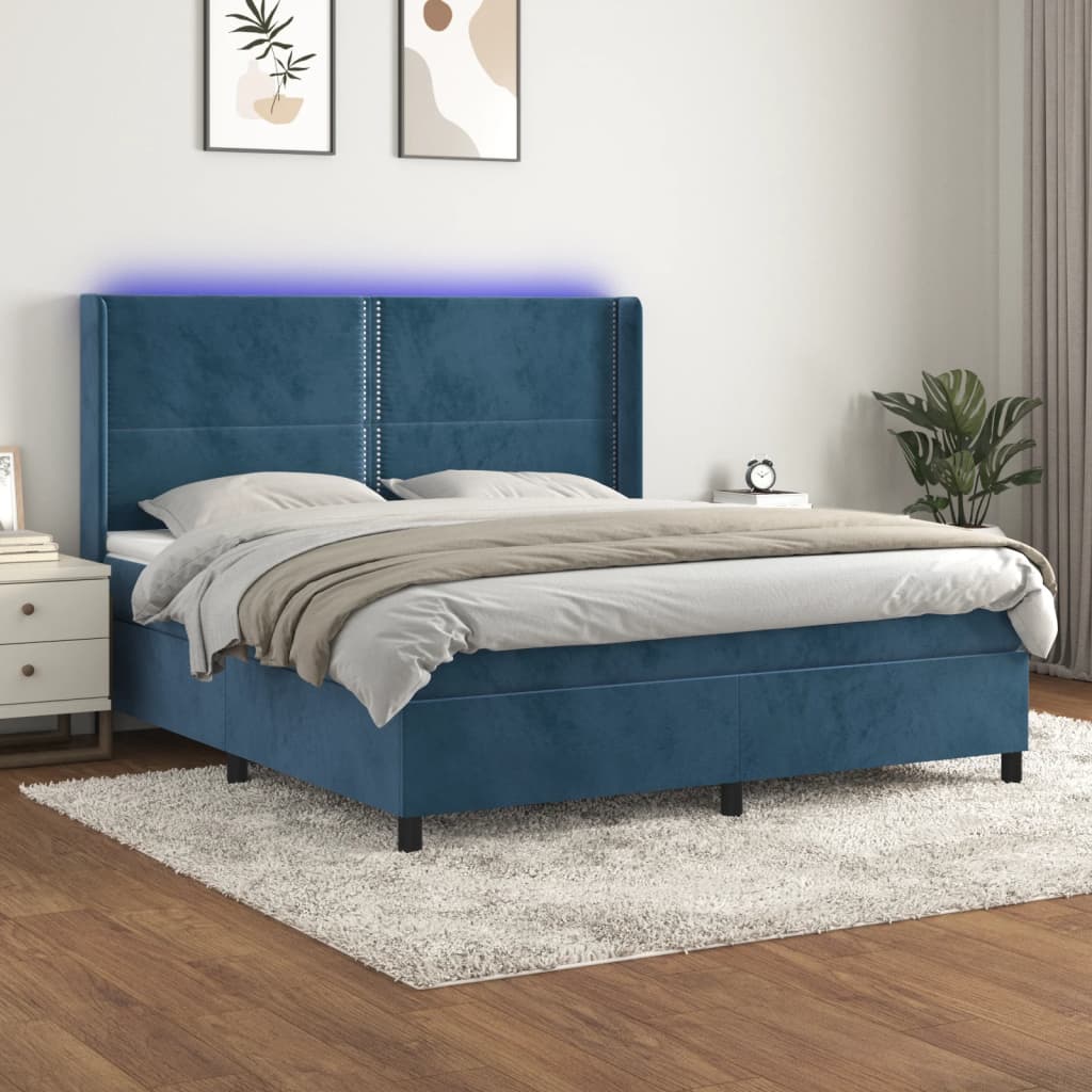 Cama box spring c/ colchão/LED 180x200 cm veludo azul-escuro