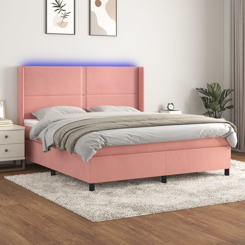 Cama box spring c/ colchão/LED 180x200 cm veludo rosa