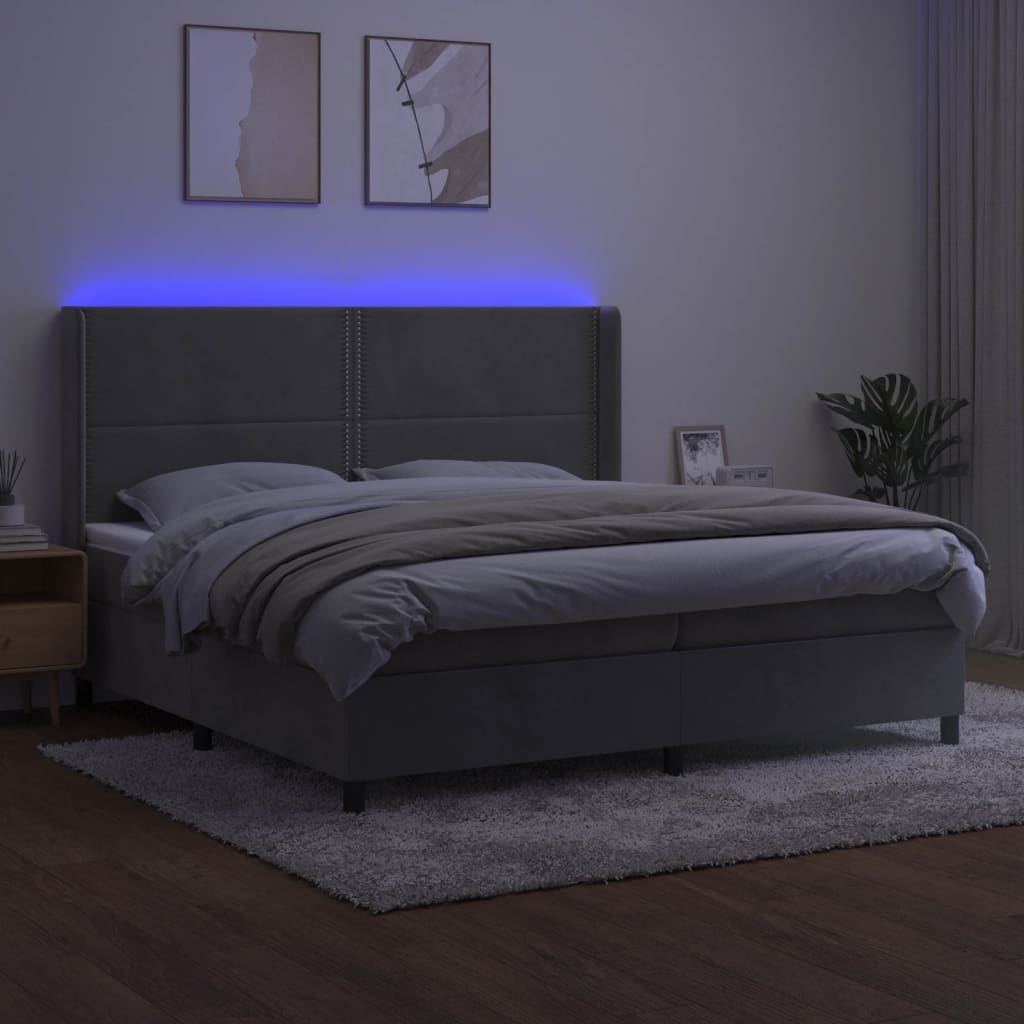 Cama box spring c/ colchão/LED 200x200 cm veludo cinzento-claro