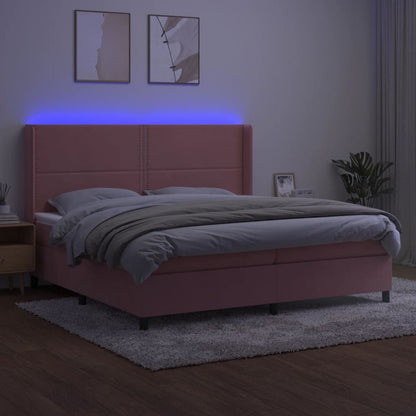 Cama box spring c/ colchão/LED 200x200 cm veludo rosa