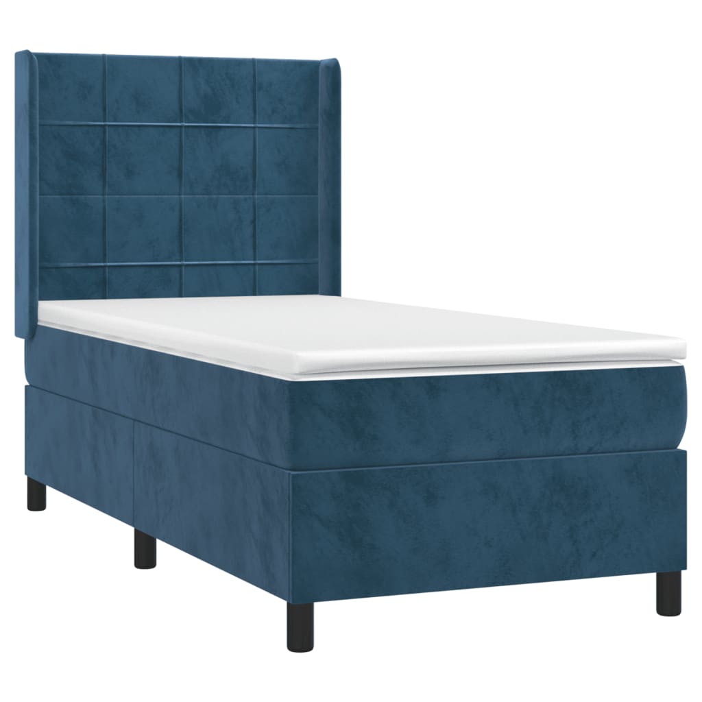 Cama box spring c/ colchão/LED 100x200 cm veludo azul-escuro