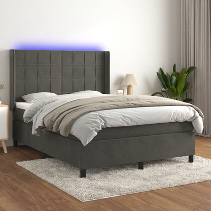 Cama box spring c/ colchão/LED 140x190cm veludo cinzento-escuro