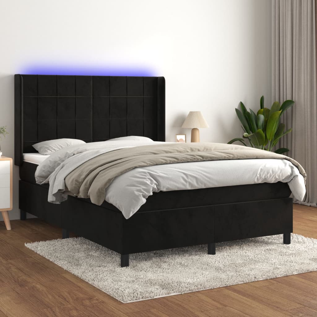 Cama box spring c/ colchão/LED 140x190 cm veludo preto