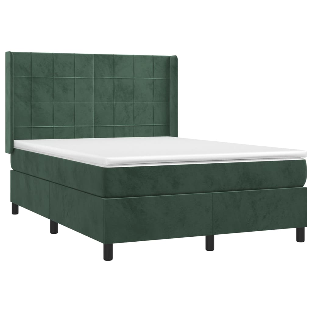 Cama box spring c/ colchão/LED 140x190 cm veludo verde-escuro