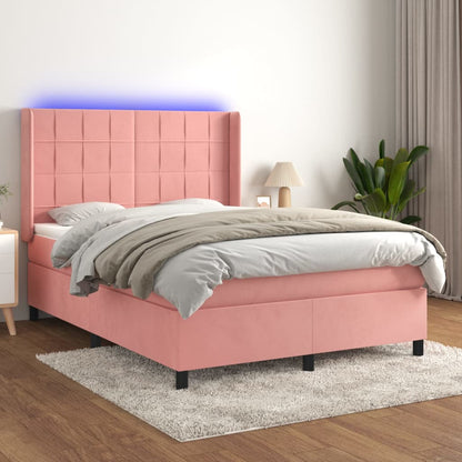 Cama box spring c/ colchão/LED 140x190 cm veludo rosa