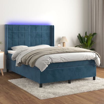 Cama box spring c/ colchão/LED 140x200 cm veludo azul-escuro