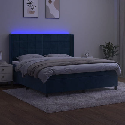 Cama box spring c/ colchão/LED 180x200 cm veludo azul-escuro