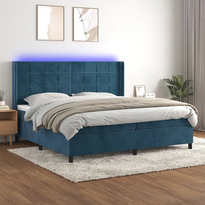 Cama box spring c/ colchão/LED 200x200 cm veludo azul-escuro