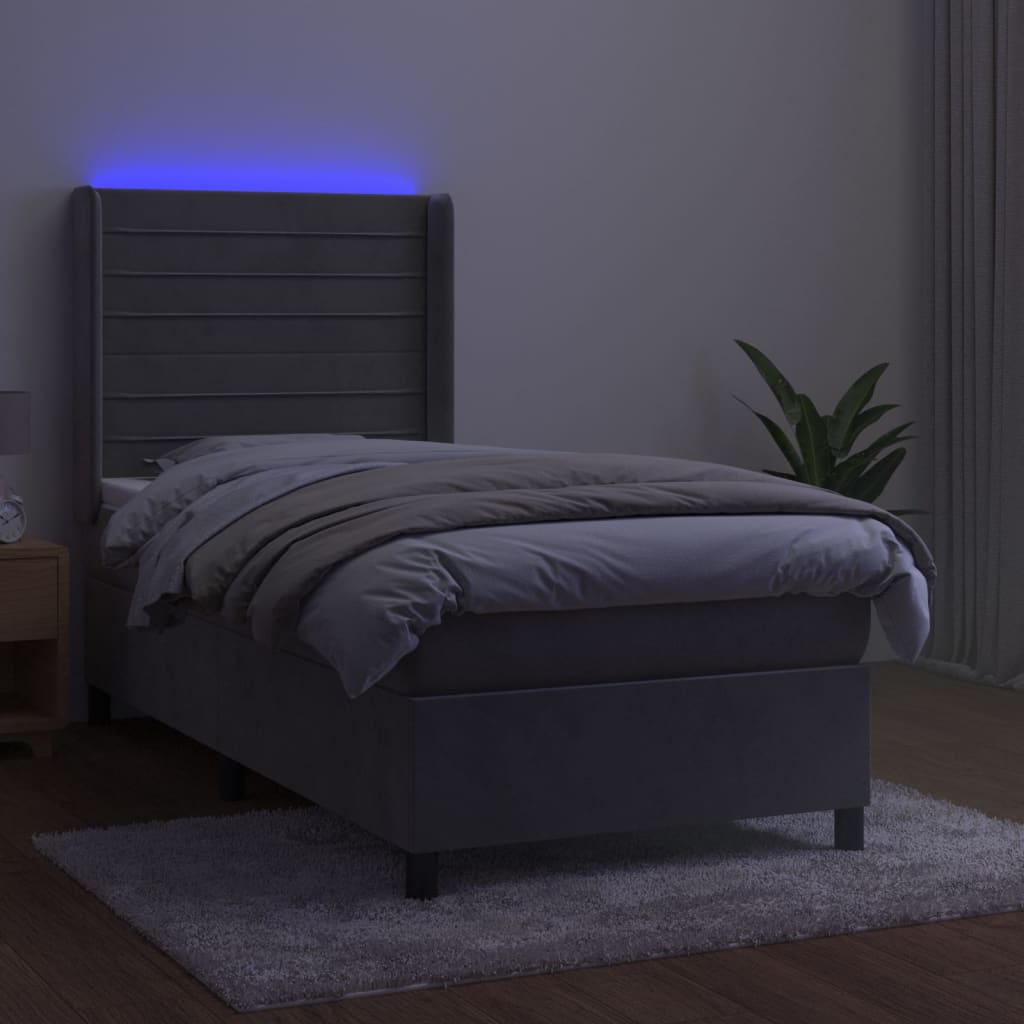 Cama box spring c/ colchão/LED 90x190 cm veludo cinzento-claro