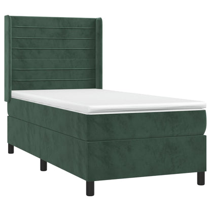 Cama box spring c/ colchão/LED 90x190 cm veludo verde-escuro