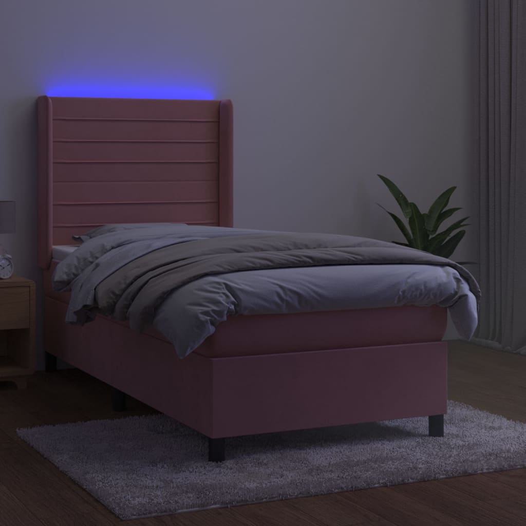 Cama box spring c/ colchão/LED 100x200 cm veludo rosa