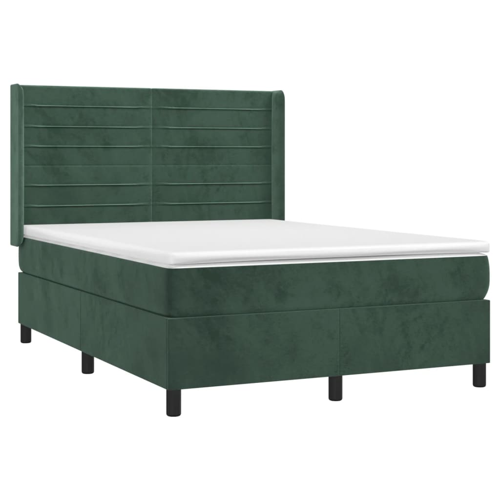 Cama box spring c/ colchão/LED 140x190 cm veludo verde-escuro