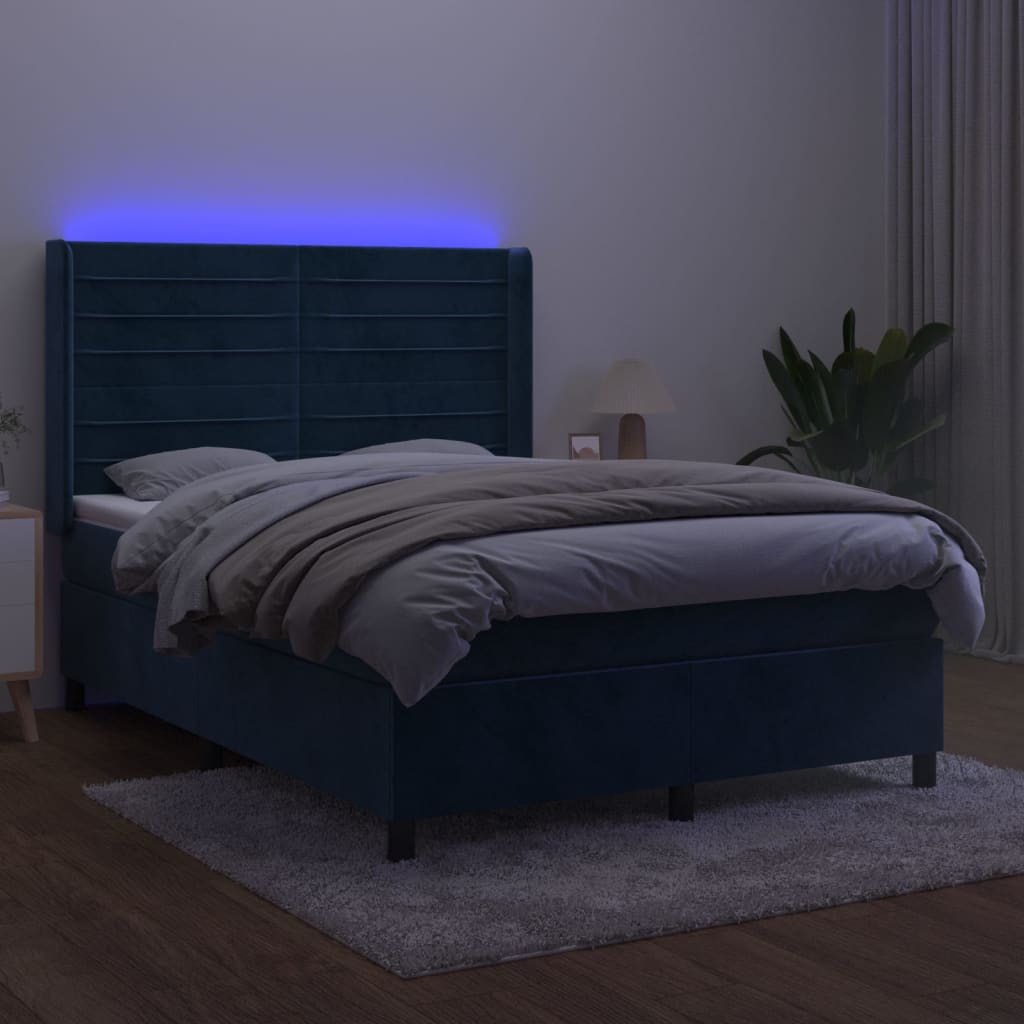 Cama box spring c/ colchão/LED 140x190 cm veludo azul-escuro