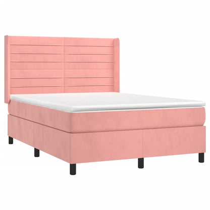 Cama box spring c/ colchão/LED 140x190 cm veludo rosa