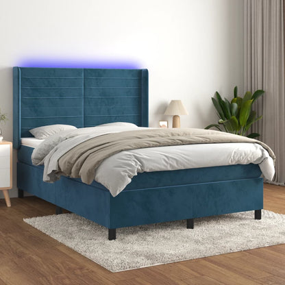 Cama box spring c/ colchão/LED 140x200 cm veludo azul-escuro