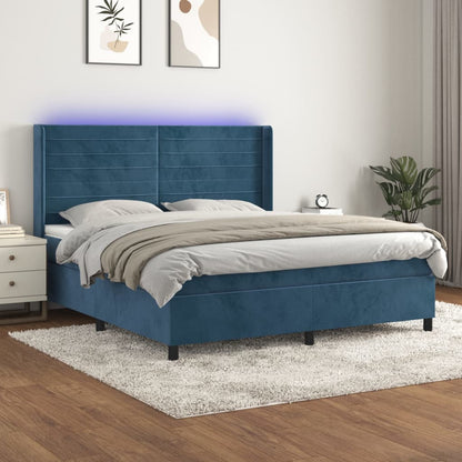 Cama box spring c/ colchão/LED 160x200 cm veludo azul-escuro