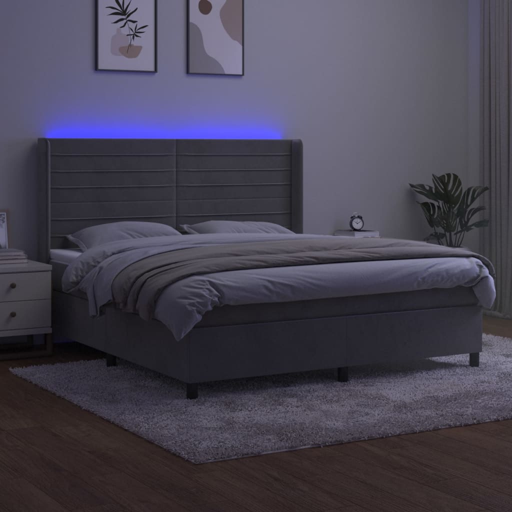 Cama box spring c/ colchão/LED 180x200 cm veludo cinzento-claro