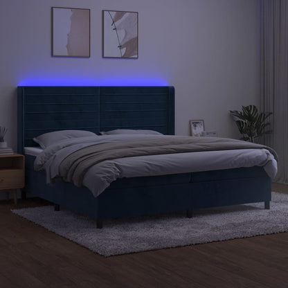 Cama box spring c/ colchão/LED 200x200 cm veludo azul-escuro