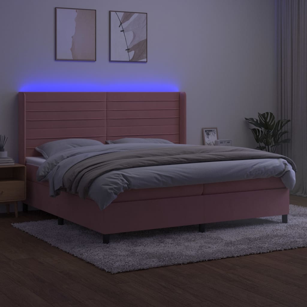 Cama box spring c/ colchão/LED 200x200 cm veludo rosa