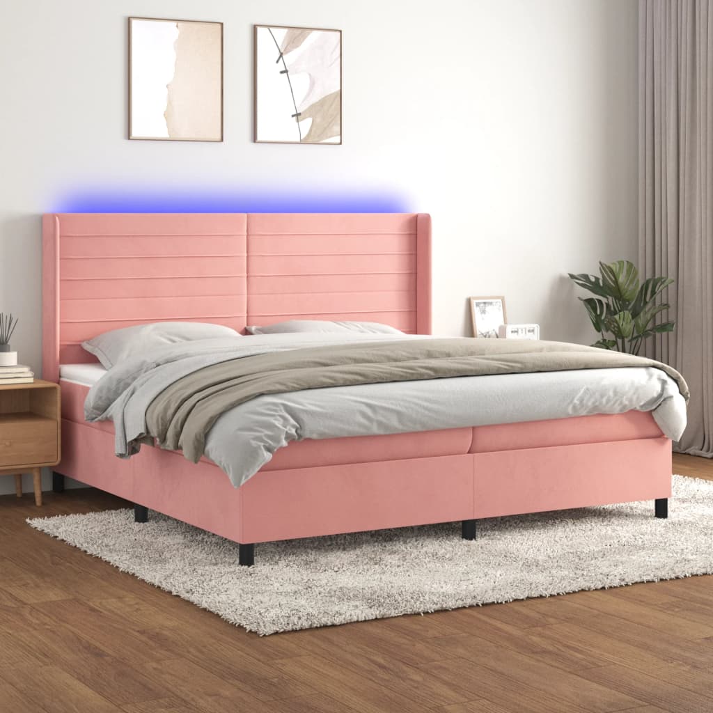 Cama box spring c/ colchão/LED 200x200 cm veludo rosa