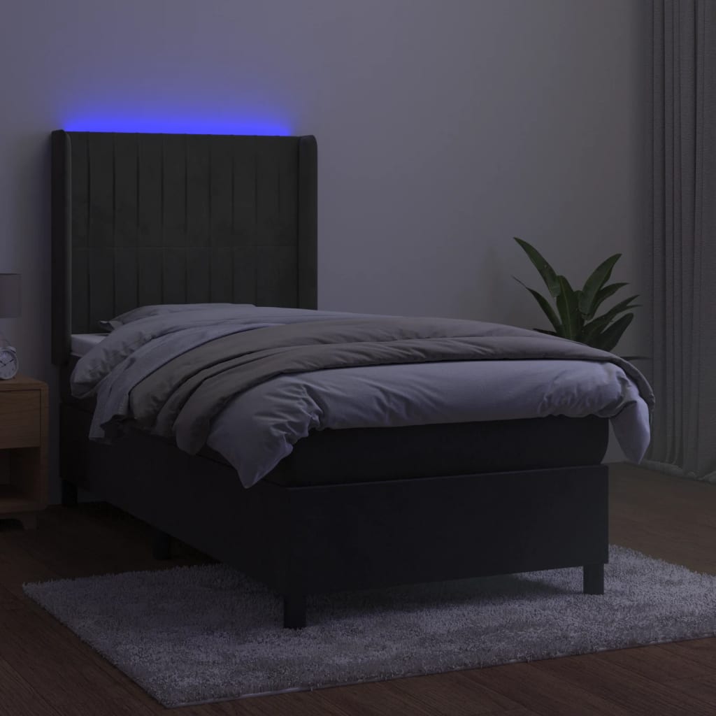 Cama box spring c/ colchão/LED 90x200 cm veludo cinzento-escuro