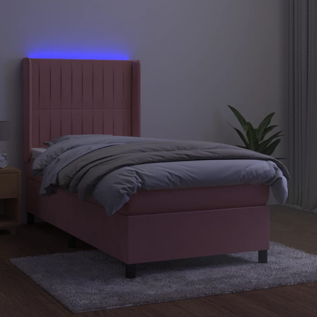 Cama box spring c/ colchão/LED 90x200 cm veludo rosa