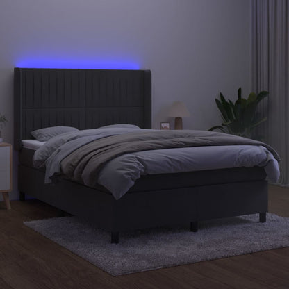 Cama box spring c/ colchão/LED 140x190cm veludo cinzento-escuro