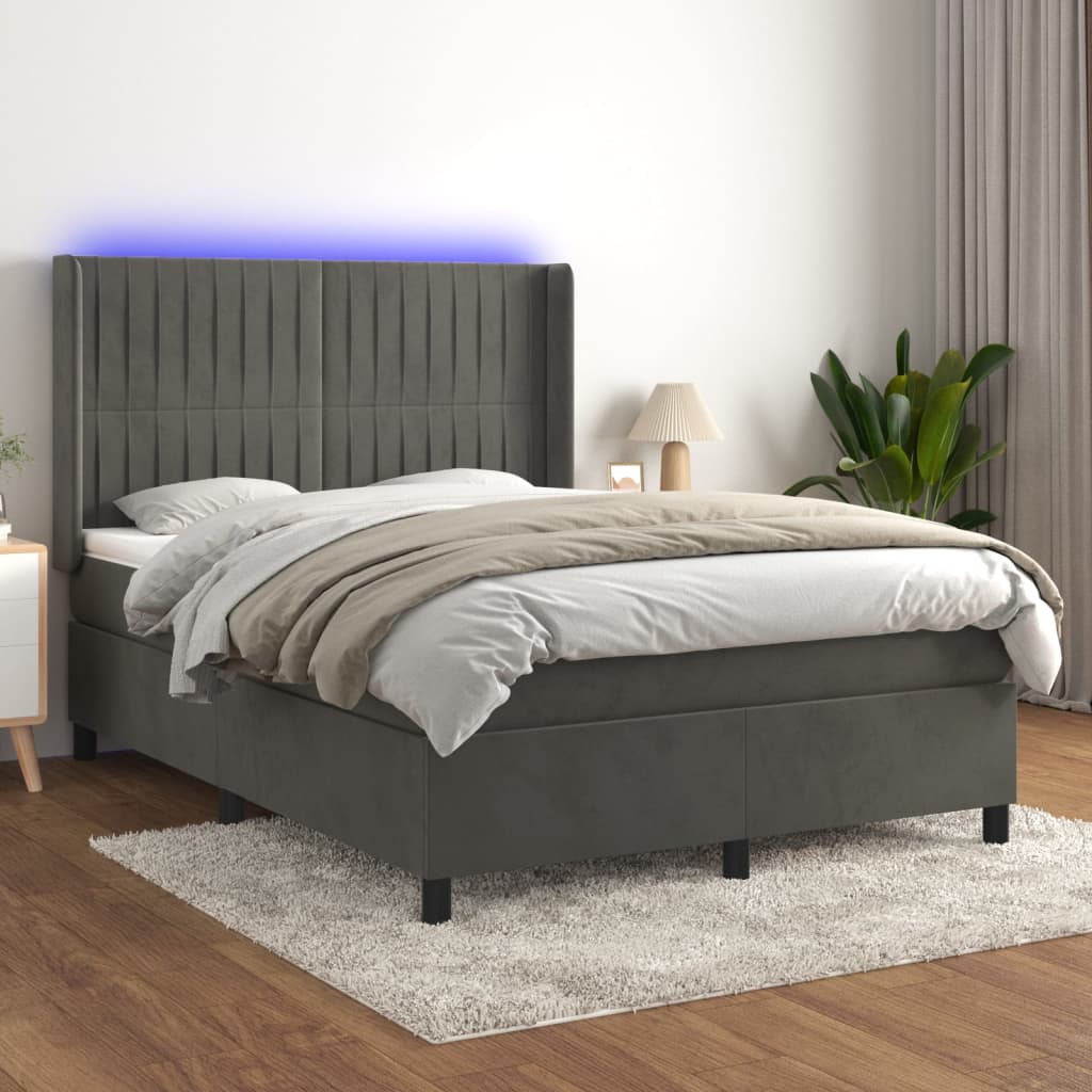 Cama box spring c/ colchão/LED 140x190cm veludo cinzento-escuro