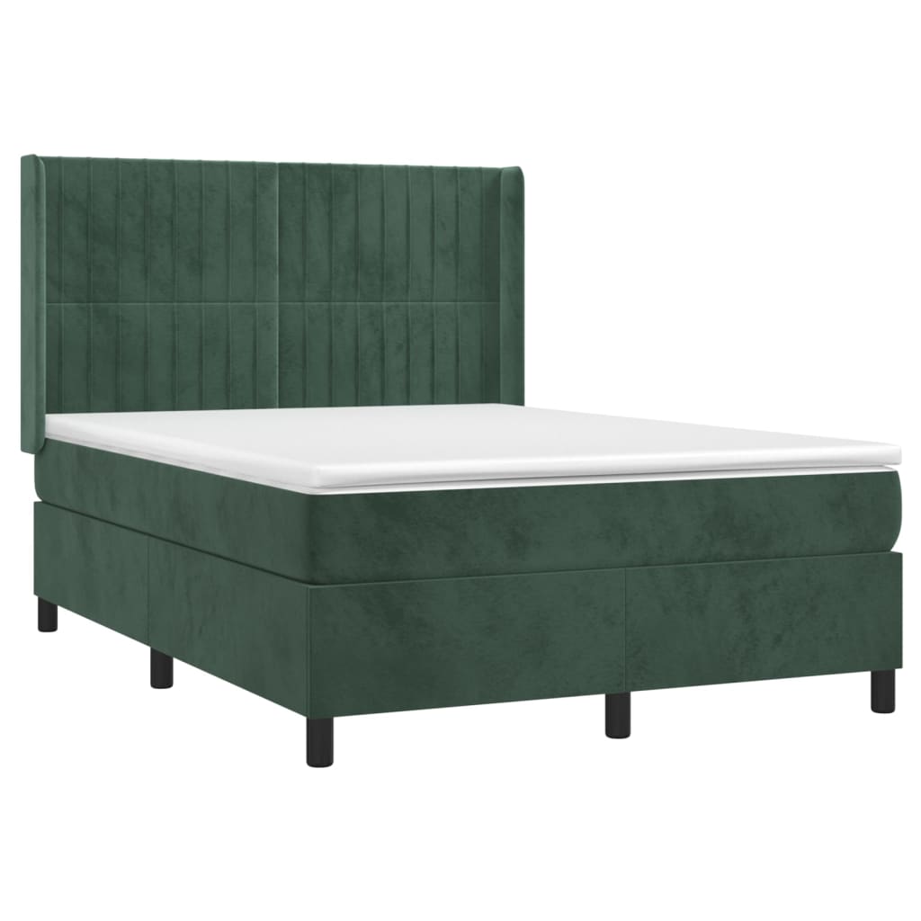 Cama box spring c/ colchão/LED 140x190 cm veludo verde-escuro