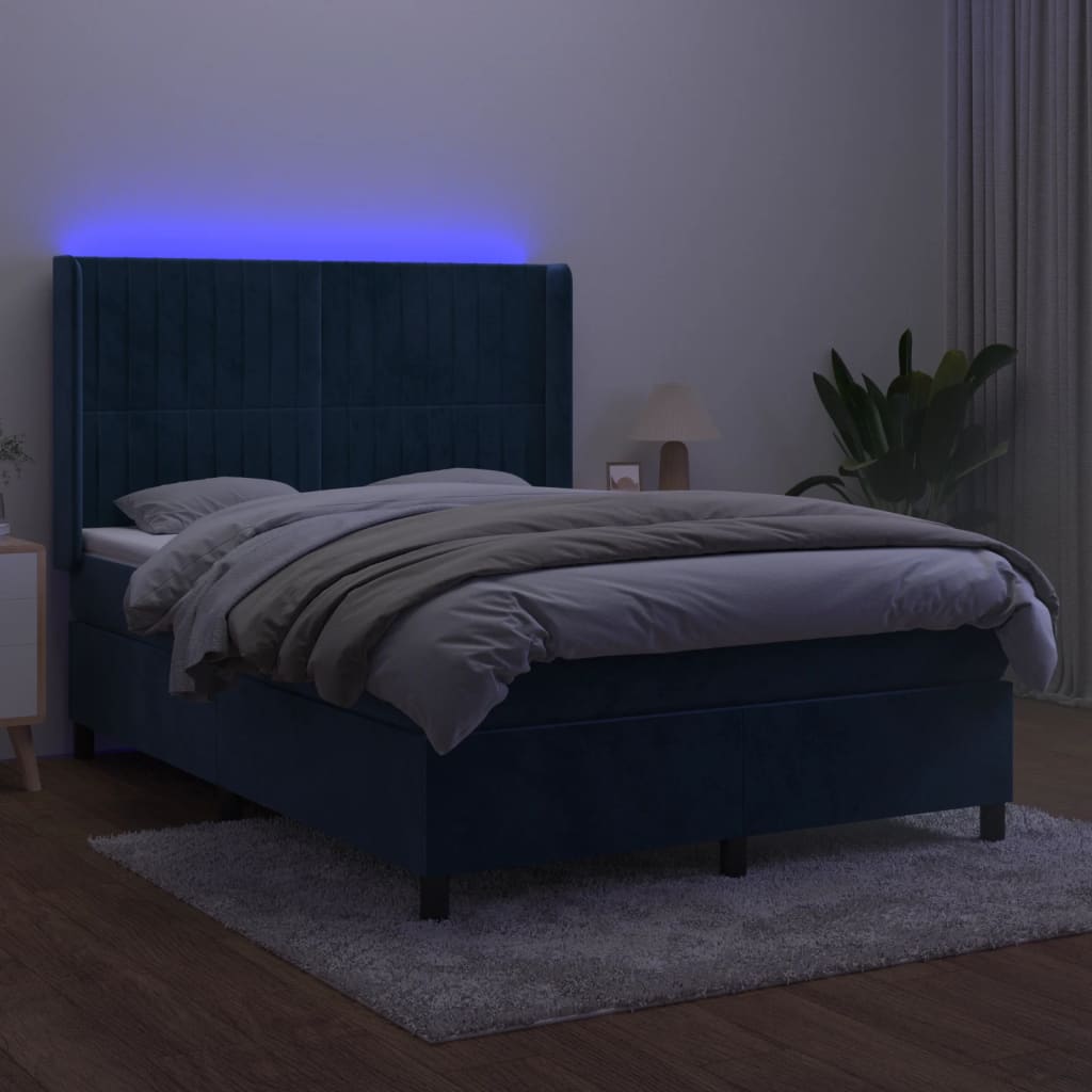 Cama box spring c/ colchão/LED 140x190 cm veludo azul-escuro