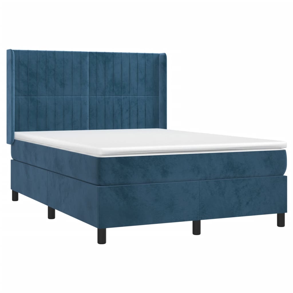 Cama box spring c/ colchão/LED 140x190 cm veludo azul-escuro