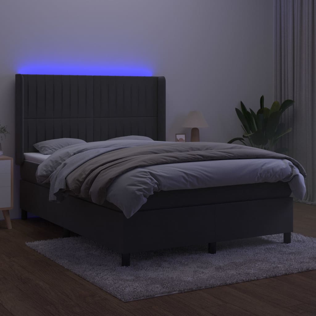 Cama box spring c/ colchão/LED 140x200cm veludo cinzento-escuro